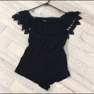 CHARLOTTE RUSSE Ambiance Crochet Off-the-Shoulder Shorts ROMPER